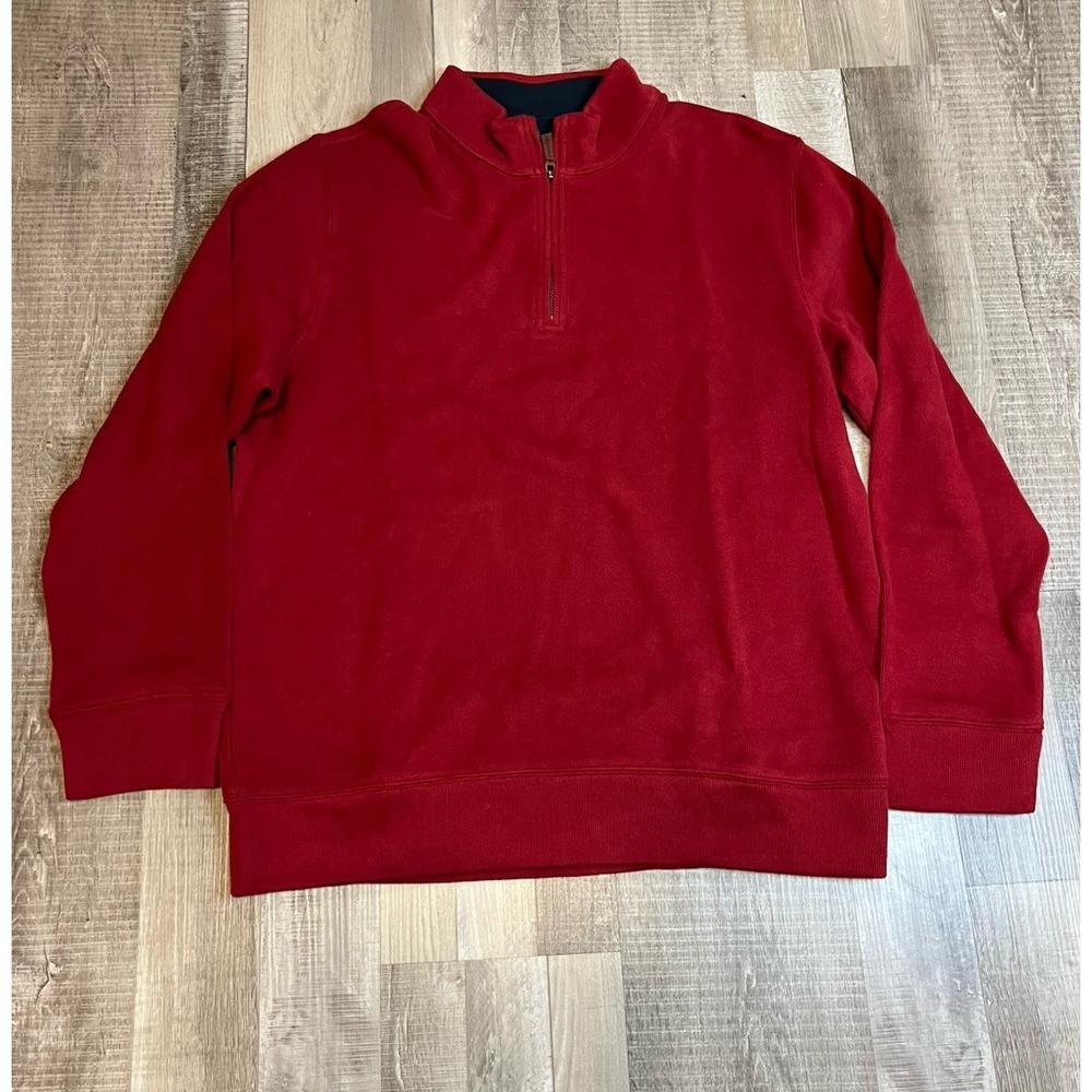 LANDS END Pullover Sweater Mens Large Red Quarter Zip Cotton Casual Classic